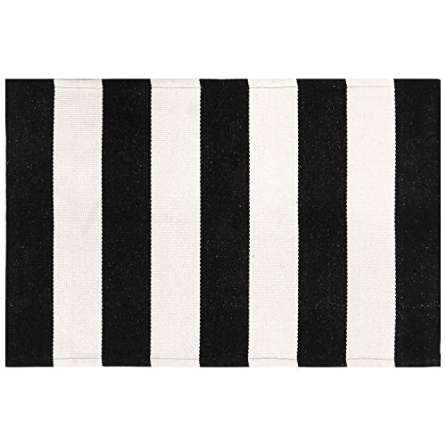 LEEVAN Outdoor Rug 5x7 Black and White Patio Rug, Washable Striped Door Mat Farmhouse Black Front Door Mat, Cotton Reversible Balcony Decor, Dura