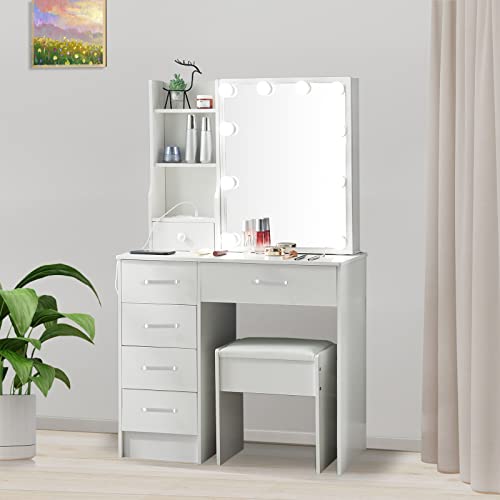 Vanity Desk, Makeup Vanity with Mirror and 10 LED Lights, Makeup Dressing Table with 6 Drawers and Chair, Vanity Table with 3 Lighting Modes for