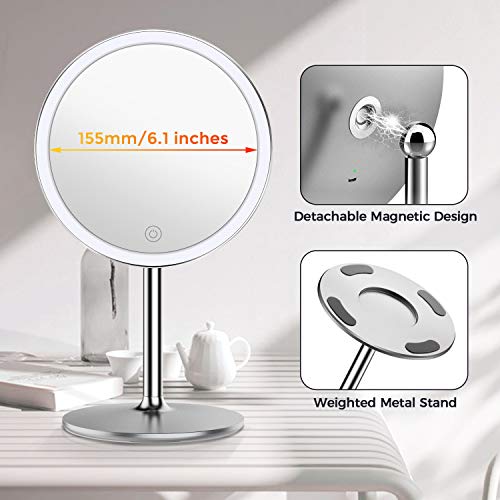 Kostlich Vanity Makeup Mirror with 3 Color Lights, 360 Degree Swivel LED Make Up Mirror with 10X Magnifying Mini Mirror, Cosmetic Mirror for Dres