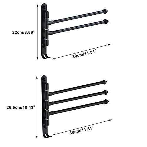 MOVKZACV Bathroom Swing Towel Bars,Stainless Steel Swivel Towel Rail Wall Mounted Swivel Towel Rack Holder with Hooks,Matte Black(3 Rods)