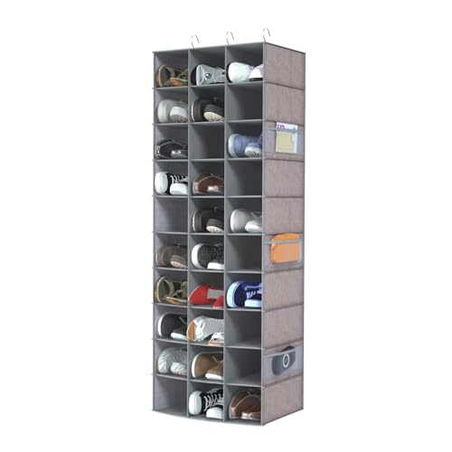 Libeder Hanging Closet Organizers 30 Section Shoe Shelves, Shoe Storage Hanging Shoe Rack, Space Saving Shoe Holder Grey