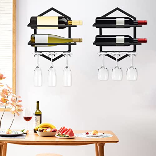 Giyiprpi Wall Mounted Wine Stemware Rack, Metal Hanging Wine Glass Display Holde Holds 3 Cups 2 Bottles, Elegant Storage for Kitchen Dining Room