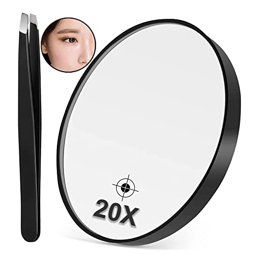 SAMTEK Magnifying Mirror with Tweezer, 20X Magnification Mirror with Suction Cup Makeup Mirror Round Magnifying Makeup Vanity Mirror Use for Make