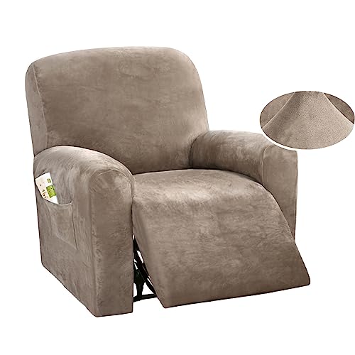 DSECHCRSL Velvet Recliner Chair Cover with Side Pocket, 4 Piece Non Slip Reclining Chair Cover, 1 Seat Stretch Recliner Cover Form Fitted Thick S
