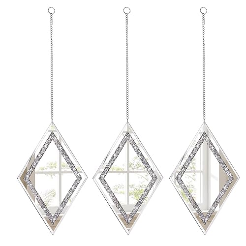 Pibeyer Silver Diamond Shaped Wall Mirror Set of 3, Decorative Crystal Crush Diamond Mirrors for Bedroom, Living Room & Hallway, Home Decor