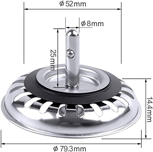 Sink Strainer Plug 78mm Pack of 2 (Upgraded), Kitchen Sink Waste Strainer Plug for UK Sinks (79-84mm), Stainless Steel Strainer Plug for Kitchen/