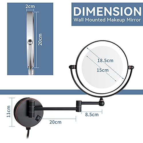 DOWRY Wall Mounted Magnifying Mirror with Light 1x/7x Black Bronze Extendable Illuminated Shaving Mirror 360 ° Rotatable Double Sided Mirror,Diam