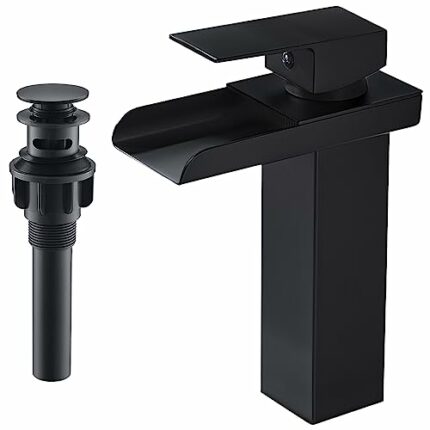 AIMOYO Waterfall Bathroom Sink Tap Black Basin Mixer Tap Single Lever Brass Mono Cloakroom Mixer Taps with Pop Up Drain, Cold and Hot Water Avail