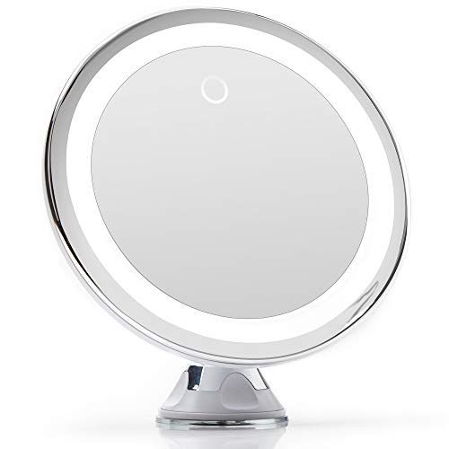 Fancii 10X Magnifying Makeup Mirror with LED Lights - Dimmable True Natural Daylight, USB & Battery, Strong Suction Cup, 20cm Wide - Luna (Silver