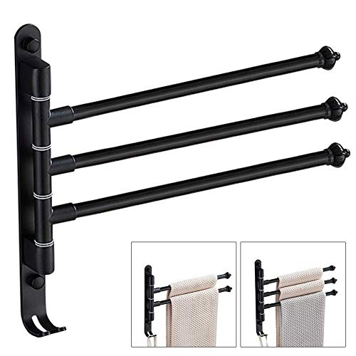 MOVKZACV Bathroom Swing Towel Bars,Stainless Steel Swivel Towel Rail Wall Mounted Swivel Towel Rack Holder with Hooks,Matte Black(3 Rods)