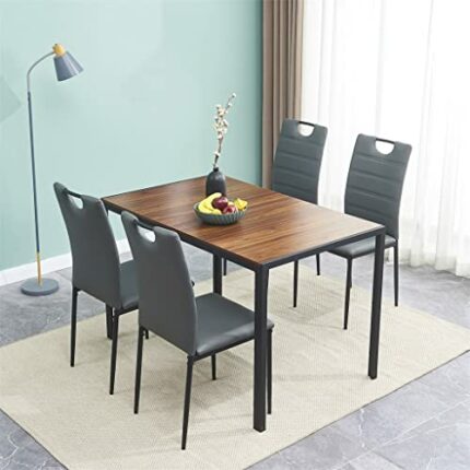 WALNUT Dining Chair Set For 4 1 Wood Top Casual Coffee Table 4 Leather Chairs With Cushions And High Backs