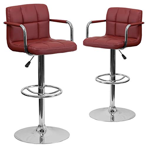Flash Furniture Adjustable Bar Stools | Set of 2 Counter Height Barstools with Back and Armrest, Vinyl, Burgundy, 2 Pack