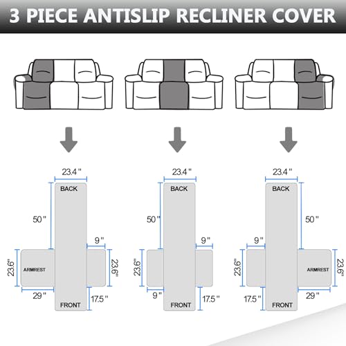 INEARZ Recliner Sofa Covers, Recliner Sofa Covers 3 Seater Waterproof Protector, Recliner Chair Cover For Armchairs With Side Pocket(3 Seater)