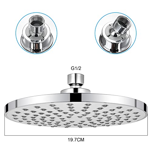 Fixed Shower Head, High-Pressure 8 inch Shower Head, Round Luxury Modern Chrome Look, Silicone Nozzles, Adjustable Shower Head Round with Swivel