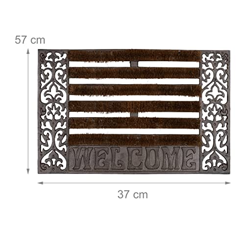 Relaxdays Door Mat Cast Iron Doormat with Bristles, Rectangular with "WELCOME" Lettering, 4 x 57 x 37cm, Art Nouveau Rustic Welcome Mat made of R