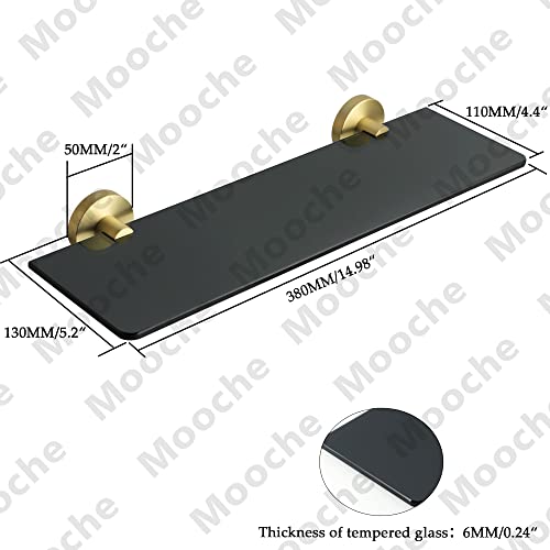 Mooche Bathroom Shelf Tempered Black Glass Shelf Wall Mounted 15 Inch Shower Storage Shelves with SUS304 Stainless Steel Golden Shelf Bracket, GD