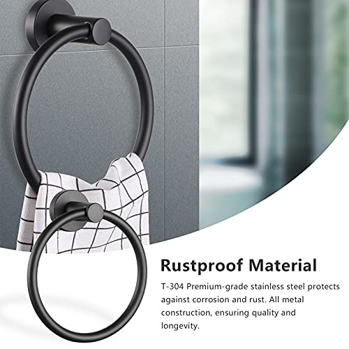 Knpwer Towel Ring 304 Stainless Steel Matte Black Towel Holder Round Shape Hand Towel Holder with Screws for Bathroom