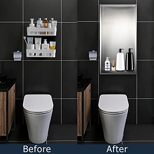 Supllueer 24"×12" Shower Niche Brushed Stainless Steel, Recessed Shower Caddy, Bathroom Shelf Insert Fits for 23"x23" Wall Hole Installation