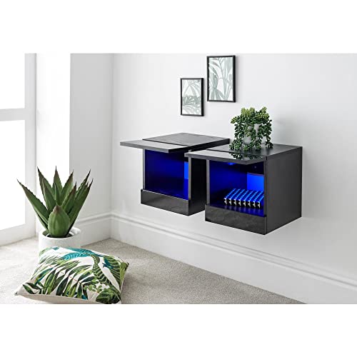 GFW Pair of Wall Mounted Floating Bedside Tables with Led Downlights & Storage Cupboard, Black, Width x 30 cm Depth x 31 cm Height