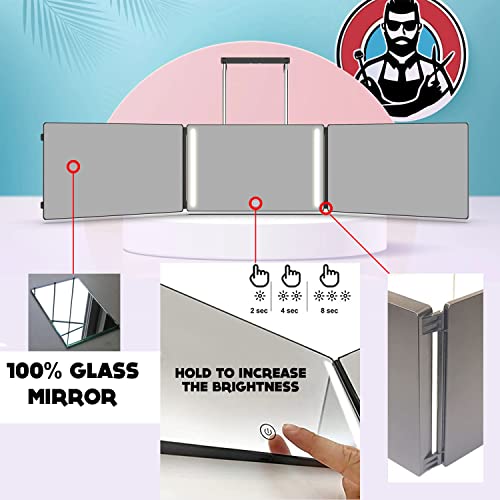 LIPFISBARBERSHOP.COM The 360 LED Mirror - Travel Version with Adjustable Telescoping Hooks, Perfect Self Haircut Mirror for Men - 3 Way Mirror fo