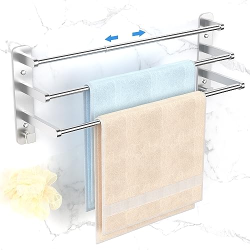 Otoomenz Towel Rail Wall Mounted 3-Tier Bath Towel Rack, 2 Installation Methods Adjustable 35.5-70cm Towel Holder, SUS 304 Stainless Steel Towel