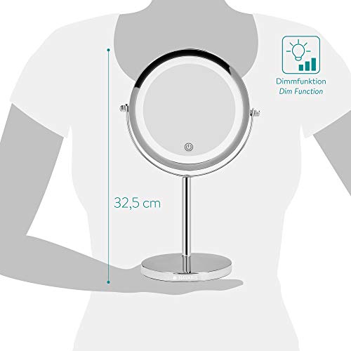 Navaris LED Illuminated Makeup Mirror - Two-Sided Vanity Mirror with Normal and 5x Magnification - 360° Cosmetic Mirror with Touch Screen - Silve