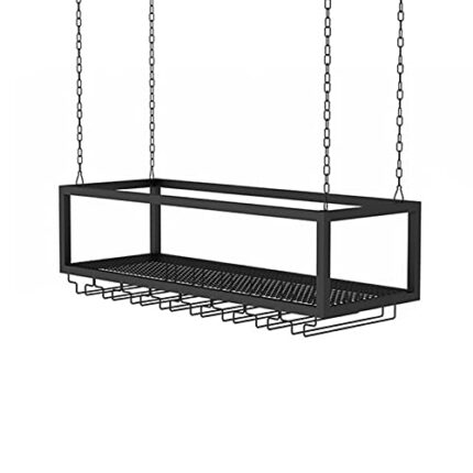 EYLINK Hanging Wine Rack with Glass Holder and Shelf Metal Ceiling Wine Bottle Holder Adjustable Height Ceiling Bar Wine Glass Rack Champagne Gob