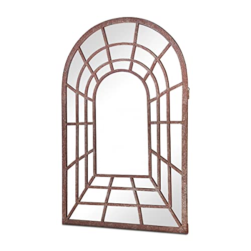 MirrorOutlet Large Metal Rustic Arched Shaped Window Garden Outdoor Mirror 77cm X 50cm, GM098, Bronze