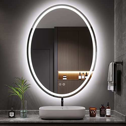 Dripex 500×700mm Oval LED Bathroom Mirror with Light, Illuminated Backlit Wall Mounted Bathroom Mirror with 3 Colors Light, Anti-fog Dimmable LED
