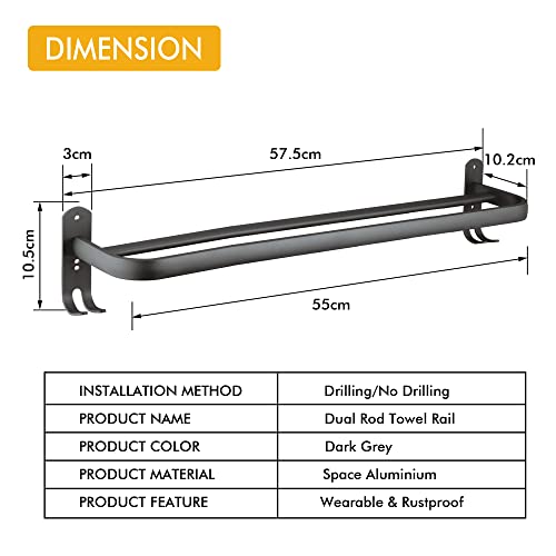 Double Towel Rail Self Adhesive or Wall Mounted Towel Rack Holder with Double Hooks Space Aluminium Towel Rods for Bathroom Kitchen Organizer Sto