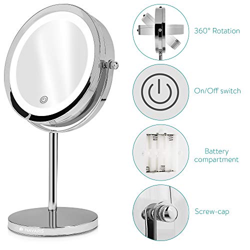 Navaris LED Illuminated Makeup Mirror - Two-Sided Vanity Mirror with Normal and 5x Magnification - 360° Cosmetic Mirror with Touch Screen - Silve