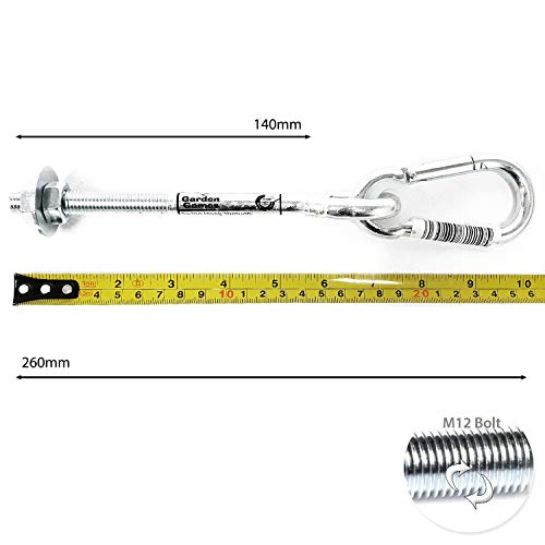 Garden Games Swing Hooks Heavy Duty M12 Swing Hanger Bolts with Carabiner Clips to Hang Swing Accessories or Swing Seats from a Climbing Frame or