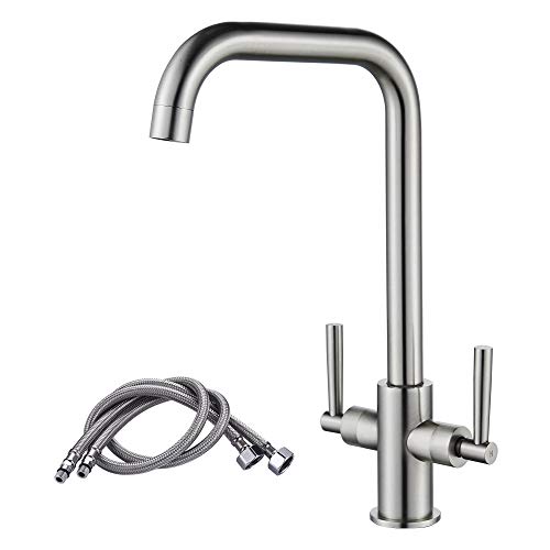 Luckyhome Kitchen Mixer Taps,Monobloc Dual Lever Chrome Brass Kitchen Sink Tap Faucet