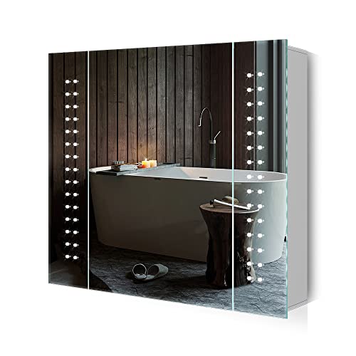 Quavikey® Bathroom Mirror Cabinet with Lights and Shaver Socket LED Illuminated Medicine Cabinet Wall Mounted with Shelf and Demister Dots Lights