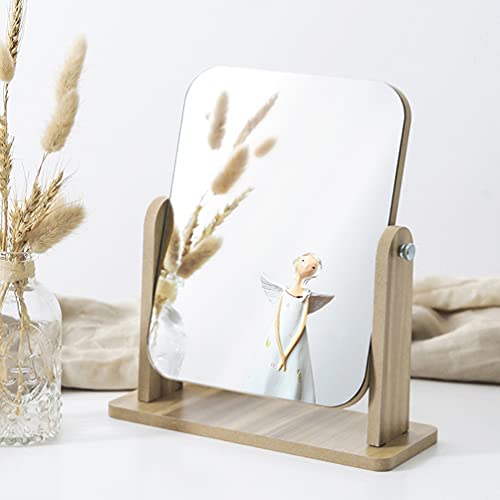 FRCOLOR Makeup Mirror with Wooden Stand 360 Degree Rotatable Vanity Makeup Mirror Portable Tabletop Mirror for Bathroom Shaving (L)