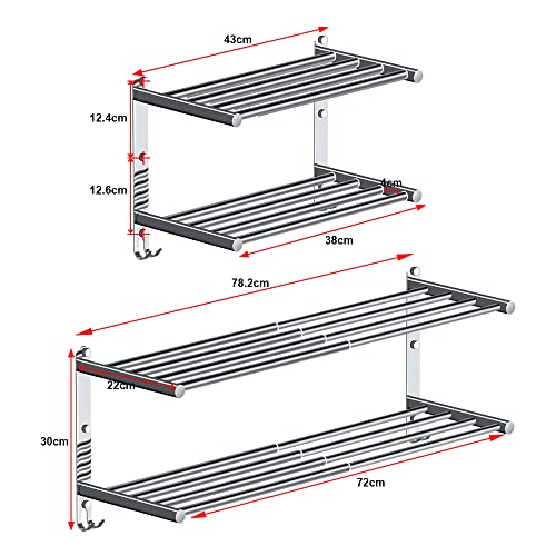 HONPHIER Towel Rails Wall Mounted Chrome 2 Tier Adjustable Towel Bars Stainless Steel Towel Rack With Hooks 43-78CM Towel Shelves for Kitchen Bat