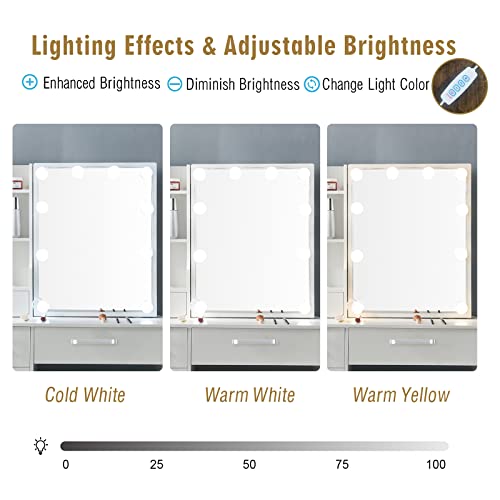 Vanity Desk, Makeup Vanity with Mirror and 10 LED Lights, Makeup Dressing Table with 6 Drawers and Chair, Vanity Table with 3 Lighting Modes for