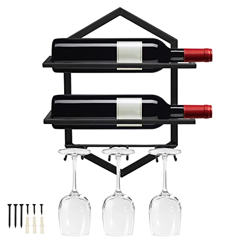 Giyiprpi Wall Mounted Wine Stemware Rack, Metal Hanging Wine Glass Display Holde Holds 3 Cups 2 Bottles, Elegant Storage for Kitchen Dining Room