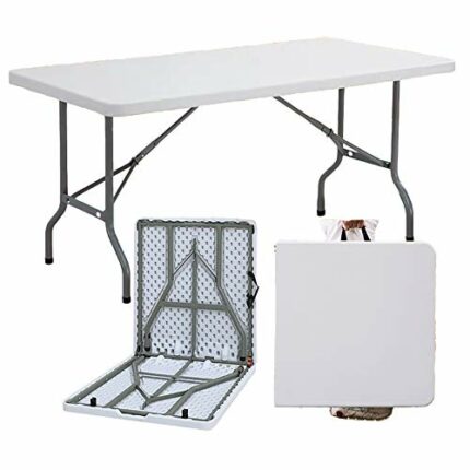 5ft Folding Table, Trestle Heavy Duty Plastic Fold-in-Half Portable Dining Table w/Carry Handle Indoor Outdoor for Camping Picnic Garden Party BB