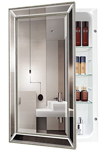 FOMAYKO Metro Beaded Retro Medicine Cabinet, Recess Mount 3 Adjustable Glass Shelves,Silver Frame, Installation Freedom with Door Swinging Left o