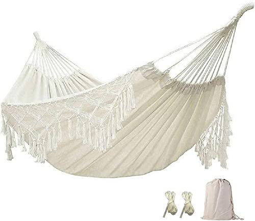 Hammock with Elegant Tassels and Fishtail Knitting 2 Person Garden Cotton Hammock Machine Washable Portable with Carry Bag Hanging Strap,Load 300
