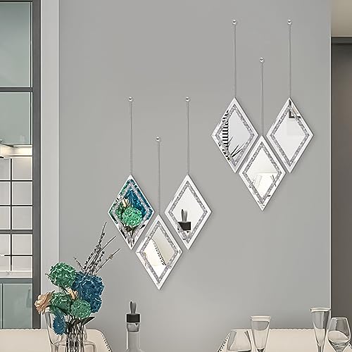 Pibeyer Silver Diamond Shaped Wall Mirror Set of 3, Decorative Crystal Crush Diamond Mirrors for Bedroom, Living Room & Hallway, Home Decor