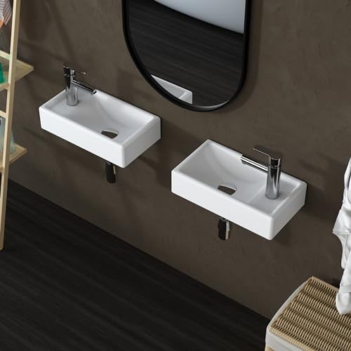 MEJE 41x23 cm Wall Hung Basin Sink Combo, Small Cloakroom Basin, Rectangle Ceramic Bathroom Wash Basin - Left Hand Sink Set (Include Faucet & Pop