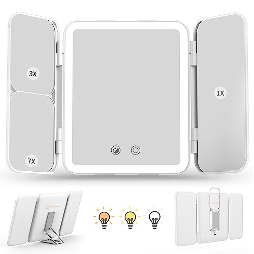 Kostlich Travel Trifold Vanity Makeup Mirror with 3 Color Lights, Rechargeable 1X/3X/7X Magnifying Mirror, Portable Light Up Mirror