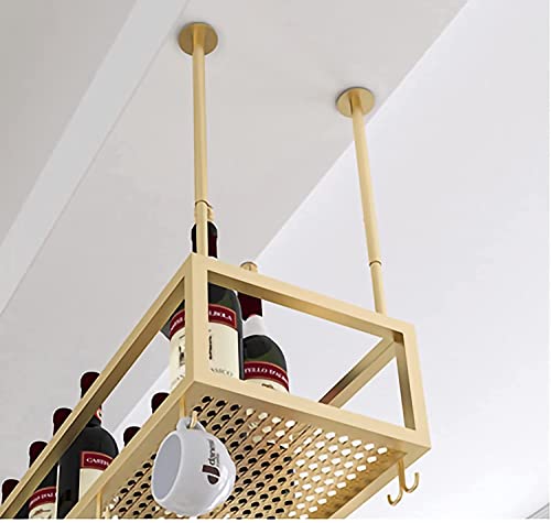 EMISOO Hanging Ceiling Shelf Hanging Wine Rack, Metal Ceiling Bottle Rack, Adjustable Height Black/Gold Display Wine Storage Holder with Stemware