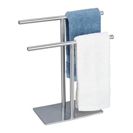 Relaxdays standing towel stand with two rails, no-drill towel rack, table top, jewellery organiser, small, silver