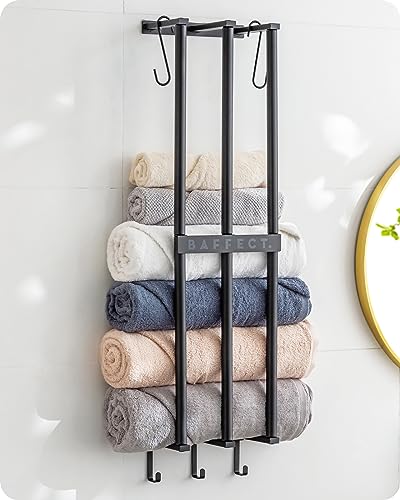 Baffect Metal Towel Rack, Wall mounted Towel Storage Organizer with 3 Support Bar Rails, Heavy-duty Towel Holder with 5 Hanging Hooks for Bathroo