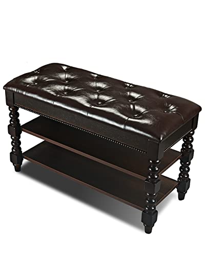 Storage Bench Vintage Solid Wood Shoe Bench 3 Tier Wooden Entryway Bench Shoe Rack with Leather Cushion Seating Brown 31.5 Inch