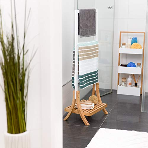 Free-Standing Bamboo Towel Holder, H x W x D 104 x 41 x 28.5 cm, 3 Rails and 1 Shelf, Clothes Stand, Natural Brown, White
