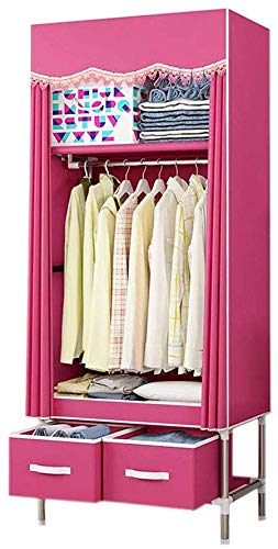 MU Assembled Wardrobe Portable, Small Wardrobe with 2 Drawers Closet Storage Bag 25Mm Steel Frame Non-Woven Bedroom Camping Wardrobe Closet,Pink